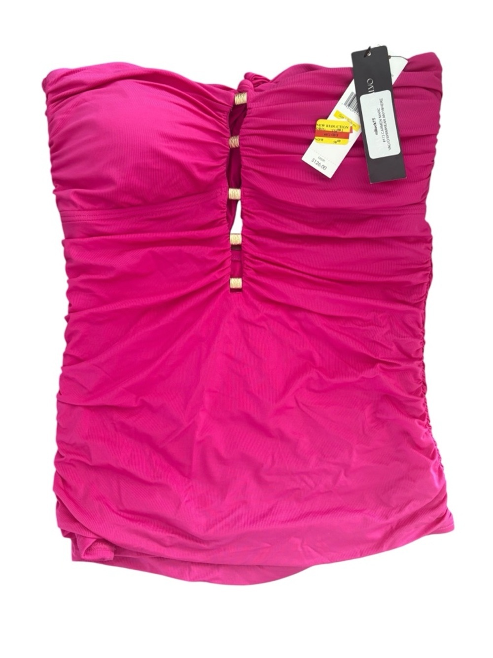 Carmen Marc Valvo Fuchsia Ruched Strapless Tankini Top with Gold Accents